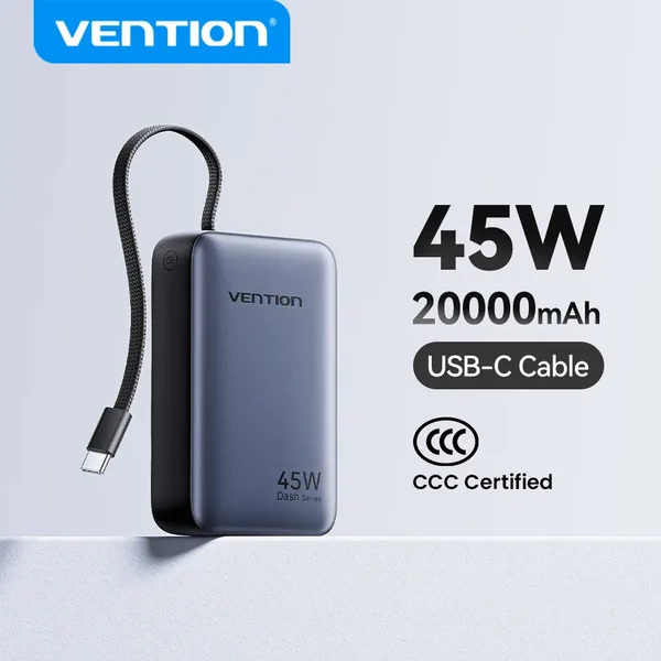 פאוור בנק אפור של Vention עם כבל USB-C משולב